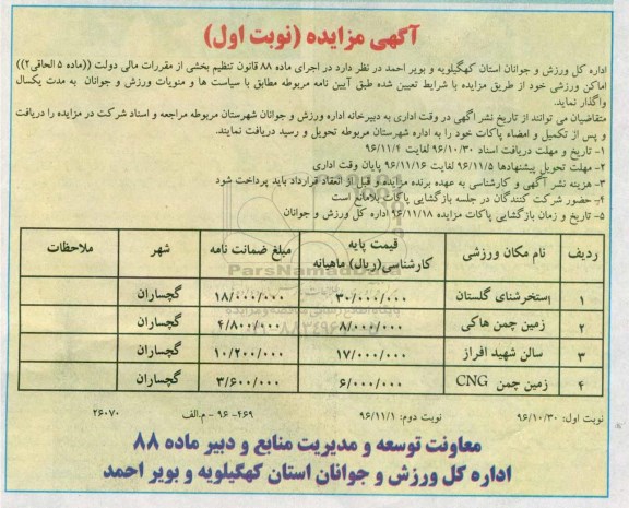 آگهی مزایده , مزایده واگذاری اماکن ورزشی