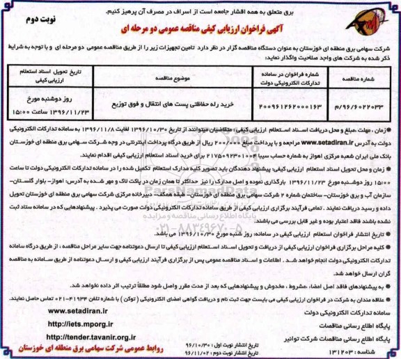 مناقصه خرید رله حفاظتی پست های انتقال و فوق توزیع- نوبت دوم 