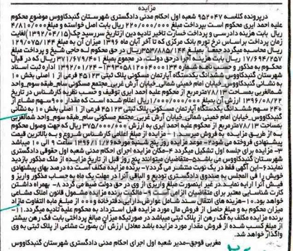 مزایده,مزایده آپارتمان مسکونی بخش ده
