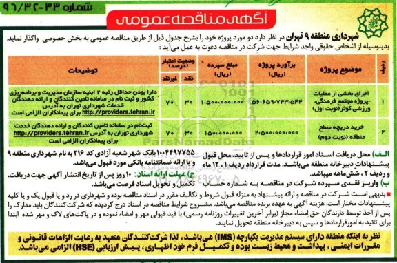 مناقصه  ،مناقصه اجرای بخشی از عملیات پروژه مجتمع فرهنگی