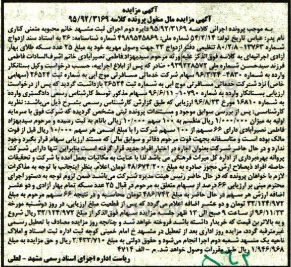 آگهی مزایده , مزایده 66 سهم از 100 سهم شرکت