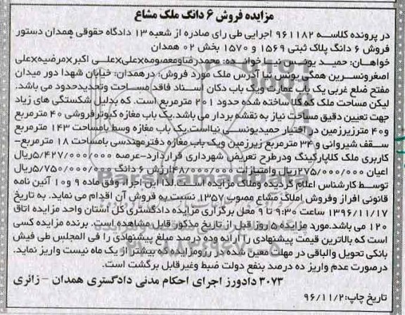 مزایده,مزایده پلاک ثبتی بخش 02 همدان 