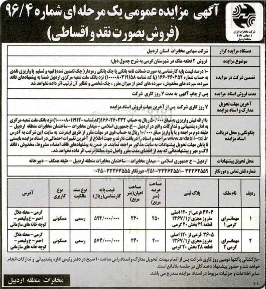 مزایده ,مزایده فروش دو قطعه ملک عرصه 250 و 200 متر