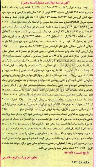 مزایده,مزایده ششدانگ زمین قطعه 394 تفکیکی