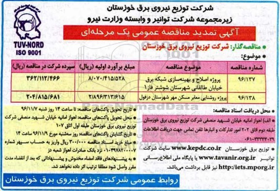 تمدید مناقصه , تمدید مناقصه پروژه اصلاح و بهینه سازی شبکه برق