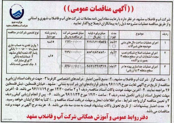 آگهی مناقصات عمومی، مناقصه اجرای عملیات ساخت دال های بتنی حوضچه های شیرآلات...