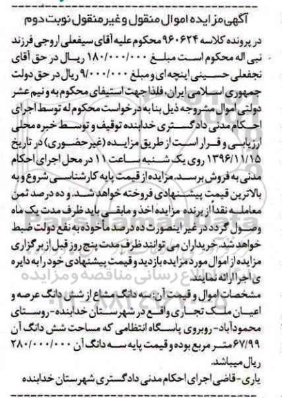 مزایده ,مزایده سه دانگ مشاع از ششدانگ ملک تجاری 67.99متر