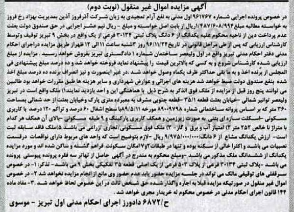 مزایده,مزایده یک دانگ از ششدانگ پلاک ثبتی بخش نه تبریز نوبت دوم