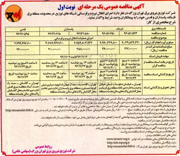 مناقصه, مناقصه اجرای انتقال نیرو و برقرسانی شبکه های توزیع ....