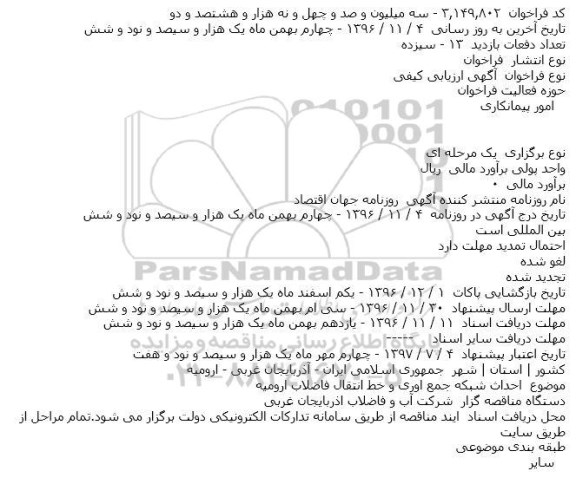 آگهی ارزیابی کیفی, مناقصه احداث شبکه جمع اوری و خط انتقال فاضلاب