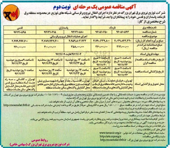 مناقصه, مناقصه اجرای انتقال نیرو و برقرسانی شبکه های توزیع ..نوبت دوم
