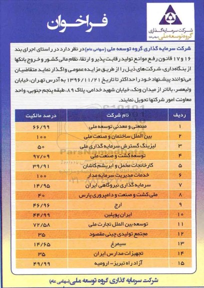 فراخوان، فراخوان واگذاری شرکت های...