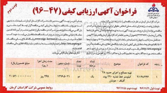 مناقصه ,مناقصه تهیه مصالح و اجرای حدود 28 کیلومتر خط تغذیه...نوبت دوم 