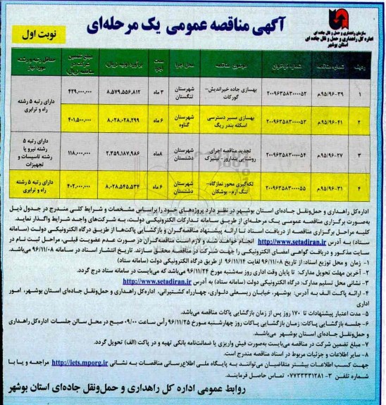 آگهی مناقصه عمومی, مناقصه بهسازی جاده ...