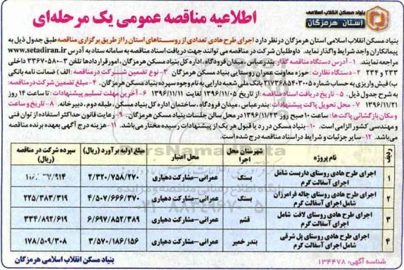 مناقصه عمومی یک مرحله ای , مناقصه اجرای طرح هادی تعدادی از روستاهای استان