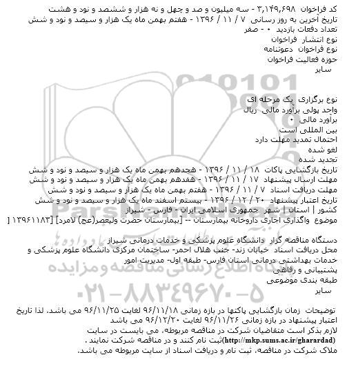 فراخوان, فراخوان واگذاری اجاری داروخانه بیمارستان