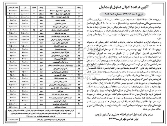 مزایده, مزایده کولر گازی، کباب پز، صندلی...