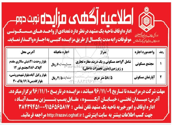 مزایده,مزایده واگذاری تعدادی از واحدهای مسکونی به مدت یکسال نوبت دوم