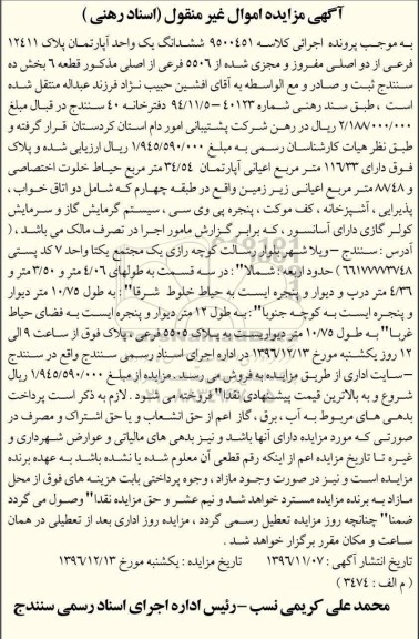مزایده,مزایده ششدانگ آپارتمان پلاک 12411 فرعی