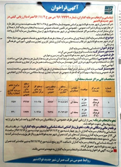 فراخوان , فراخوان شناسایی و انتخاب سرمایه گذاران برای ساخت مراکز محلات فرهنگ
