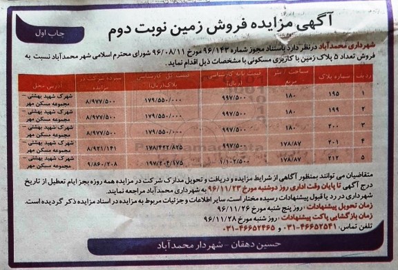 مزایده,مزایده فروش تعداد 5 پلاک زمین کاربری مسکونی 