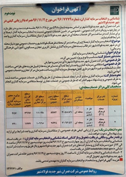 آگهی فراخوان, فراخوان انتخاب سرمایه گذار ذیصلاح برای مشارکت در ساخت مراکز خدمات محله ای- نوبت دوم 