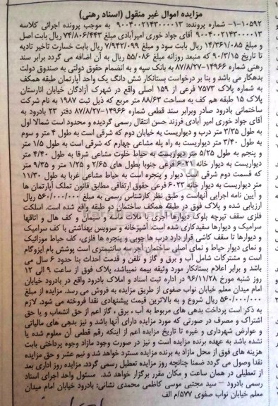 مزایده,مزایده ششدانگ آپارتمان مساحت 88.63متر