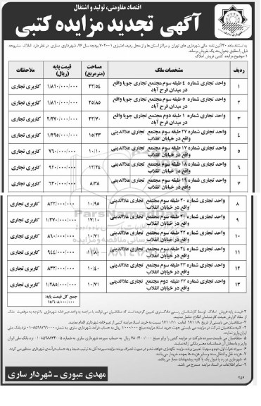 مزایده,مزایده فروش املاک کاربری تجاری تجدید