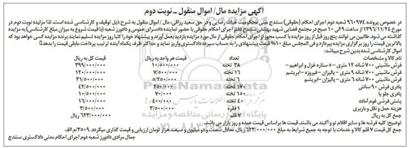 آگهی مزایده مال غیرمنقول، مزایده فرش ماشینی...- نوبت دوم