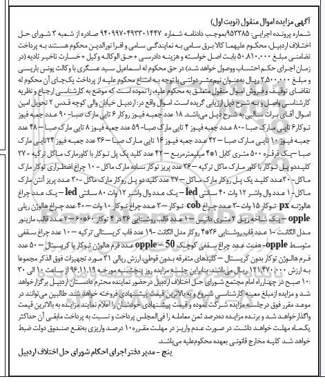 آگهی مزایده, مزایده انواع جعبه فیوز - قرقره 50 متری کابل و ...