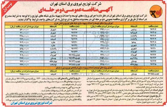 آگهی مناقصه عمومی, مناقصه  اجرای پروژه های توسعه و احداث و بهینه سازی شبکه های توزیع 