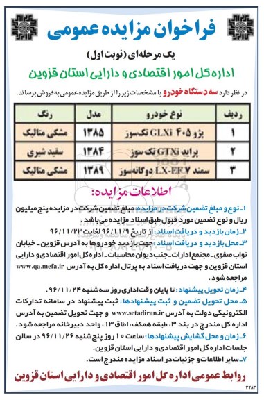 فراخوان مزایده عمومی, مزایده فروش سه دستگاه خودرو