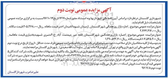 آگهی مزایده عمومی، مزایده اجاره بازار روز هفتگی - نوبت دوم