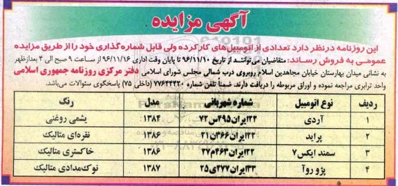 مزایده تعدادی اتومبیل ...