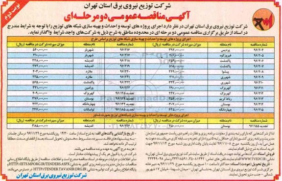 آگهی مناقصه عمومی, مناقصه  اجرای پروژه های توسعه و احداث و بهینه سازی شبکه های توزیع نوبت دوم 