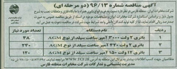آگهی مناقصه دو مرحله ای , مناقصه خرید انواع باتری همراه با جایگاه فلزی