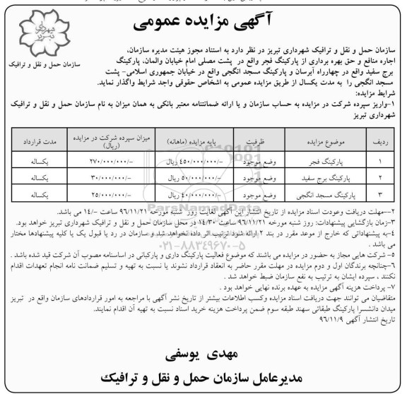 آگهی مزایده عمومی, مزایده واگذاری اجاره منافع و حق بهره برداری از پارکینگ