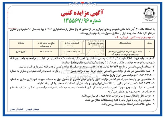 مزایده,مزایده فروش واحد تجاری شماره چهار مساحت 18 متر