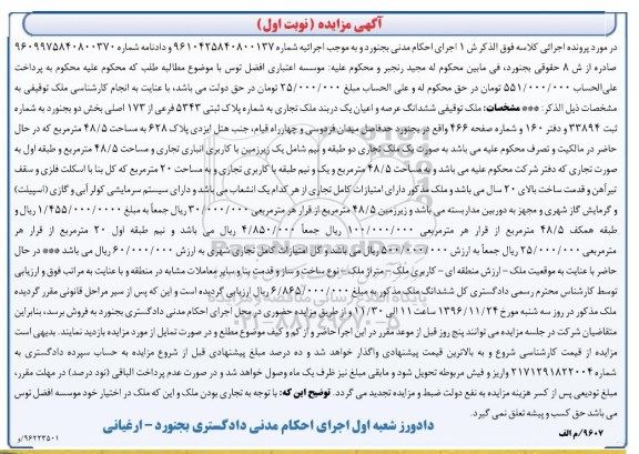 مزایده,مزایده ششدانگ یک دربند ملک تجاری مساحت 48.5متر