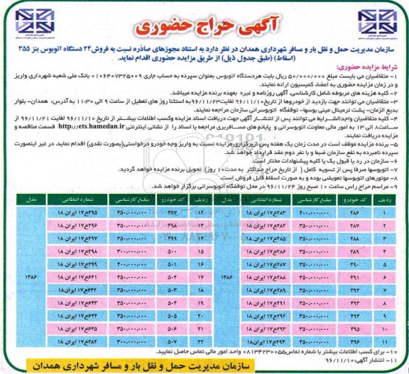 آگهی حراج حضوری, مزایده  فروش 22 دستگاه اتوبوس بنز 355 (اسقاط) 