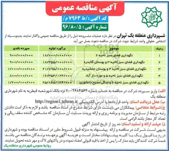 مناقصه عمومیع مناقصه نگهداری فضای سبز ناحیه 2 ، 3 ...