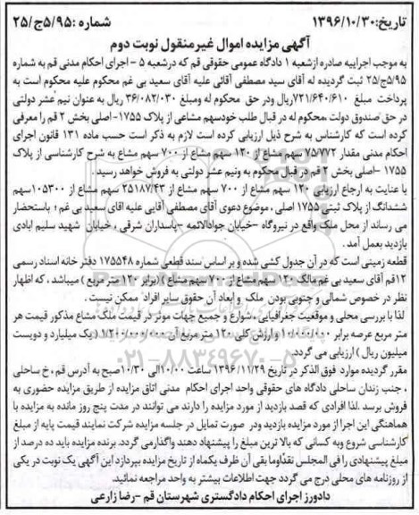 مزایده,مزایده سهم مشاعی از پلاک 1755 اصلی بخش دو قم