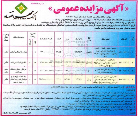 مزایده,مزایده فروش املاک بانک مهر اقتصاد شماره دو