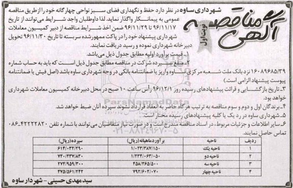 مناقصه حفظ و نگهداری فضای سبز نواحی چهارگانه ...