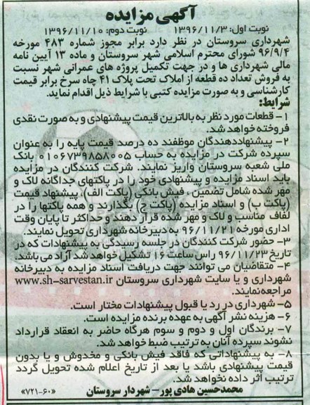 مزایده,مزایده فروش تعداد ده قطعه از املاک تحت پلاک 41 چاه سرخ نوبت دوم 