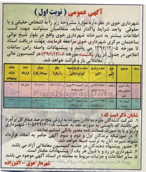 آگهی مناقصه عمومی , مناقصه رنگ آمیزی جداول سطح شهر