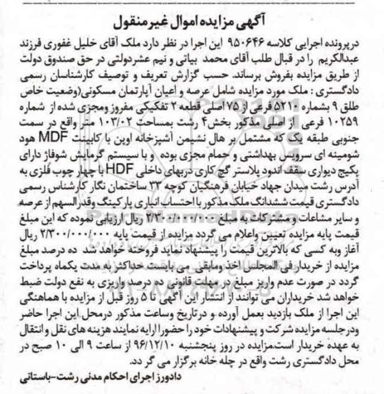 مزایده,مزایده آپارتمان مسکونی مساحت 103.02متر