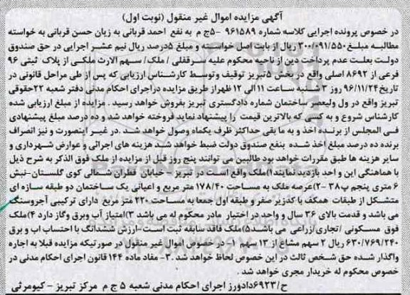 مزایده,مزایده ملک پلاک ثبتی نود و شش فرعی نوبت اول 