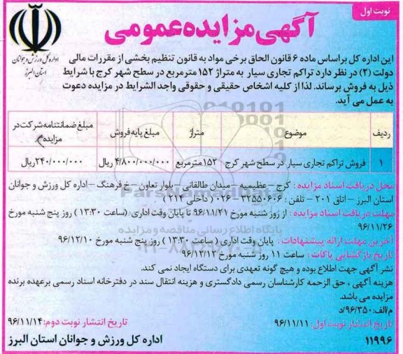 مزایده,مزایده فروش تراکم تجاری سیار مساحت 152 متر 