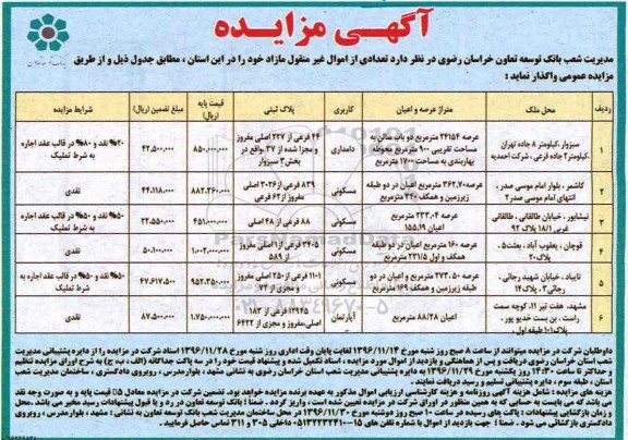 مزایده,مزایده واگذاری تعدادی از اموال غیرمنقول کاربری دامداری مسکونی آپارتمان